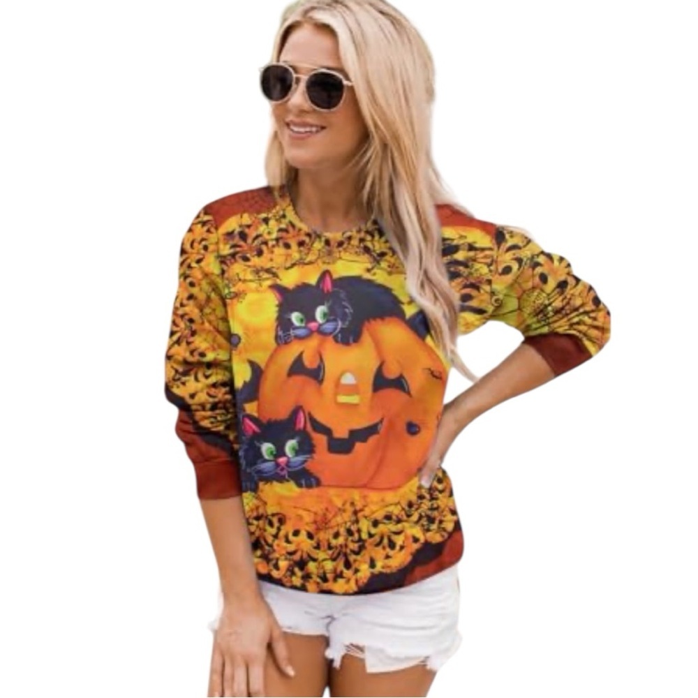 Halloween Cat Pumpkin Lightweight Sweatshirt- Lg -NWOT